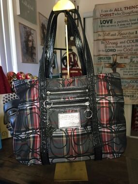 Coach Poppy Tartan Glitter Plaid Glam Tote